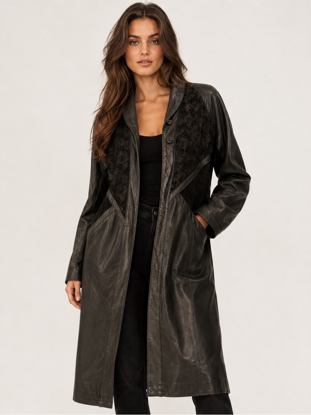 Vintage Global Identity G III Leather Coat Lace Panel Y2K Parisian Quiet Luxury